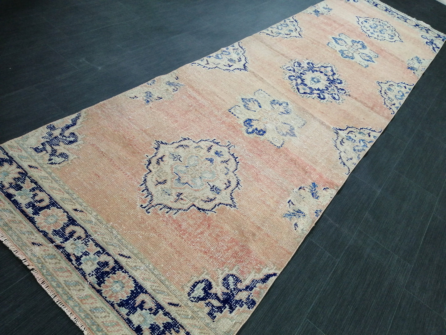 Distressed Oushak Runner Rug 12 x 3.4 Turkish Runner Rug Vintage Runner Rug Hallway Runner Rug Kitchen Runner Rug Wool Runner