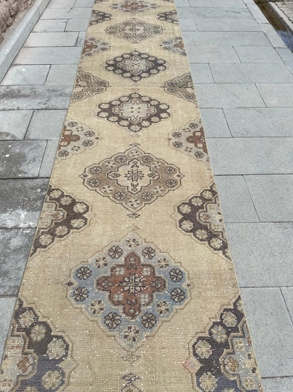 Muted Long Vintage Runner TURKISH 2.7 x 21.3 Runner Rug Handmade Runner Rug XL Oriental Runner Rug Staircase Hand Knotted Runner rug