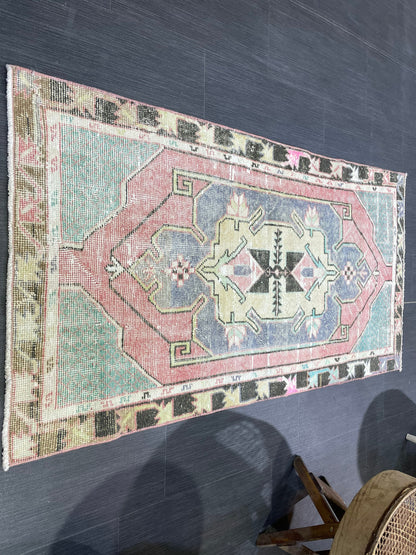 Turkish Rug, Hand Knotted Rug, 2.7 x 5 Living Room Rug, Bathroom Rug, Vanity Rug, Vintage Oushak Rug, Wool Vintage Rugs, Distressed Rug