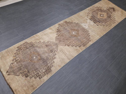 Neutral Vintage Runner Rug 2.7 x 10.3 Brown Vintage Runner Rug Turkish Hallway Runner Kitchen Runner Wool Runner Rug Oushak Runner No Dye