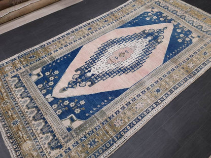 Navy and Pink OUSHAK RUG 5.8 x 11 TURKISH Rug Vintage Oriental Rug Vintage Persian Rug Wool Oushak Rug Hand Made Rug Vintage Turkish Rug