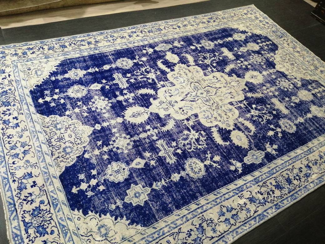 Antique RUG 7.4 x 10.8 Vintage Rug Vintage Persian Rug Muted Wool Oriental Rug Blue Hand Made Rugs Blue Distressed Turkish Antique Navy Rug
