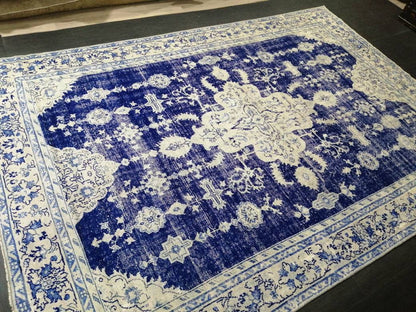 Antique RUG 7.4 x 10.8 Vintage Rug Vintage Persian Rug Muted Wool Oriental Rug Blue Hand Made Rugs Blue Distressed Turkish Antique Navy Rug