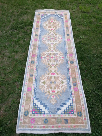 2'10x8'10 blue turkish oushak runner, new production hallway handmade runner turkish runner rug kitchen runner