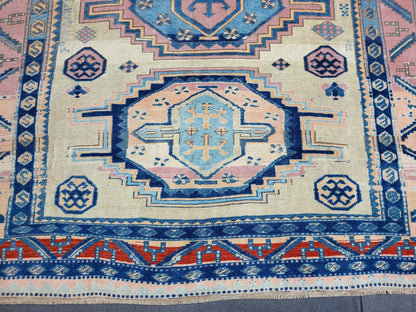 Antique RUG, Turkish Oushak 8.7 x 9.4 Rug, One Of A Kind Rug, Vintage Persian Rug, Blue Vintage Rug, Fine Wool Unique Rug, Rear Turkish Rug,