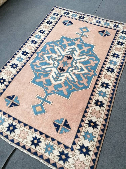 Vintage blue rug 5x7'4 turkish handmade rug, bohemian rug, living room rug, oushak vintage rug