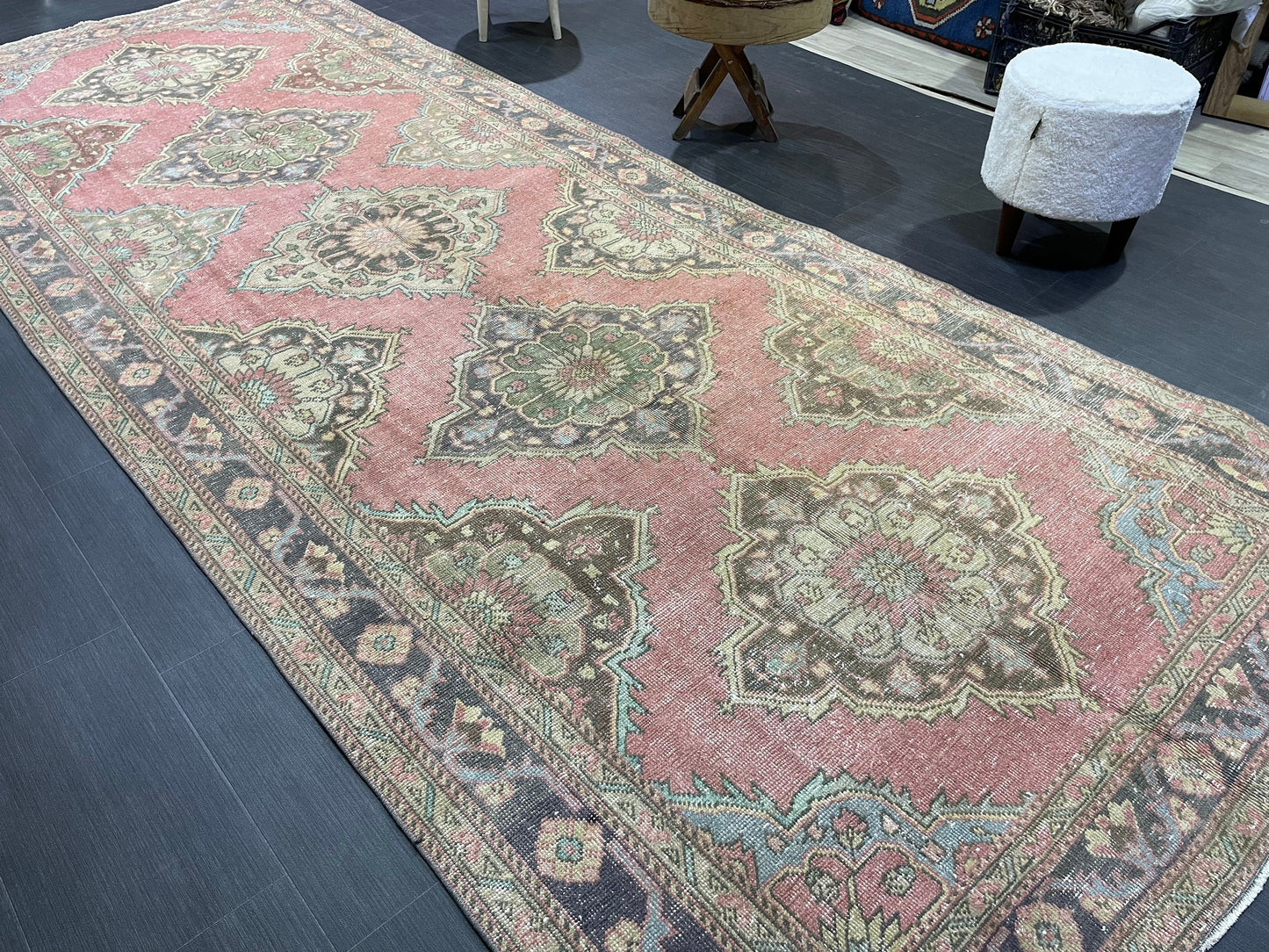 Vintage Runner rug, Persian 5 x 12.6  Runner RUG, TURKISH Runner, Pink Runner Rug, Turkish Oushak Rug, Wool Runner Rugs, Handmade Runner