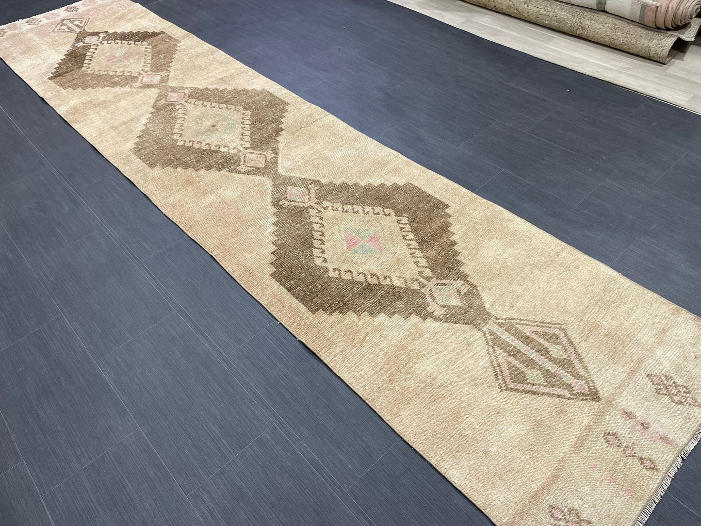 Muted Vintage Runner Rug 2.6 x 12.2 Hand Made Runner Rug Turkish Runner Rug Pink Vintage Runner Rug Hallway Runner Rug Wool Kitchen Runner