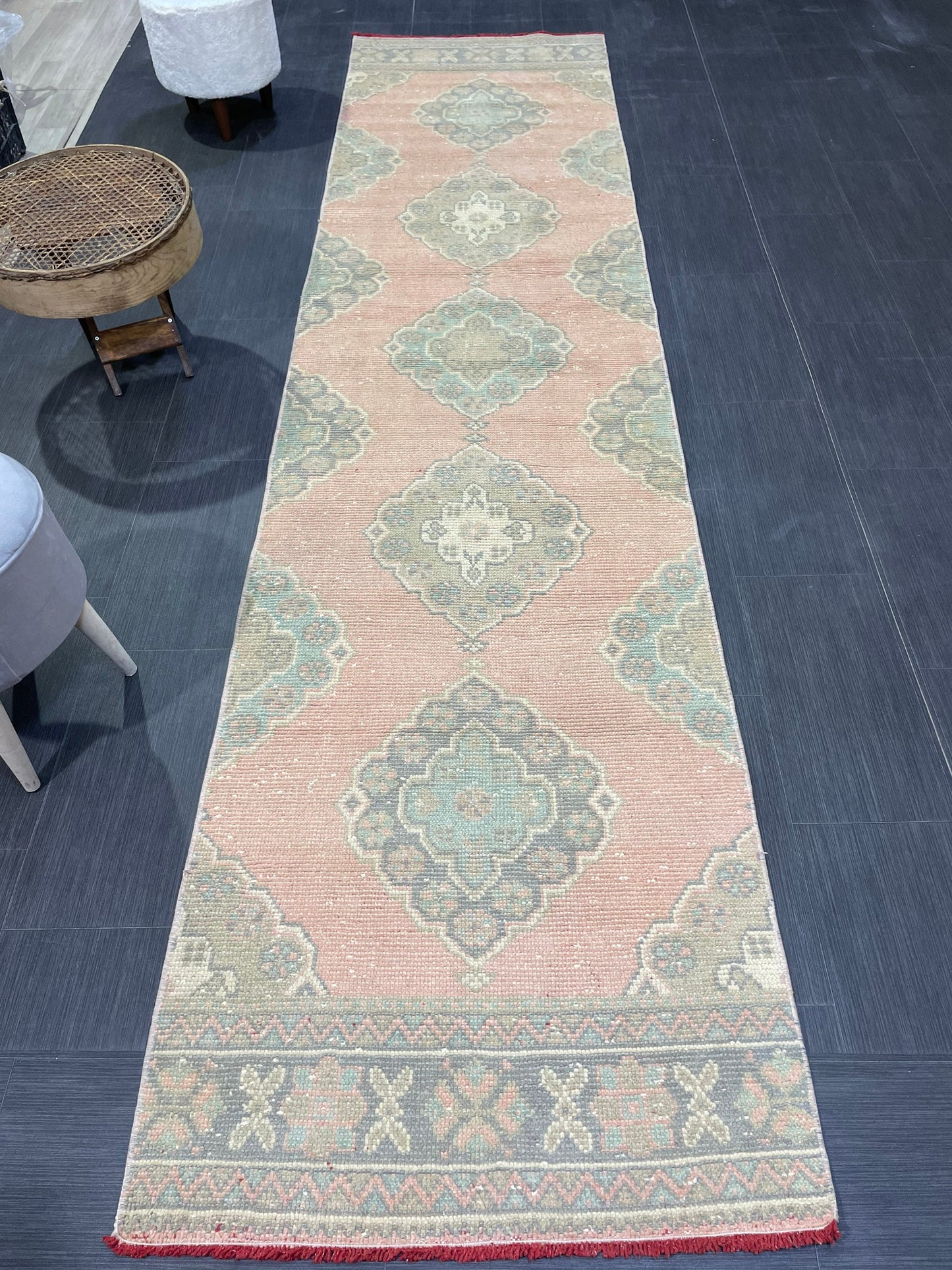 Muted Oushak Runner Rug, Turkish Runner 2.9 x 11.5 Rug Vintage Runner Rug Hallway Runner Rug Kitchen Runner Rug Wool Runner Handmade Runner