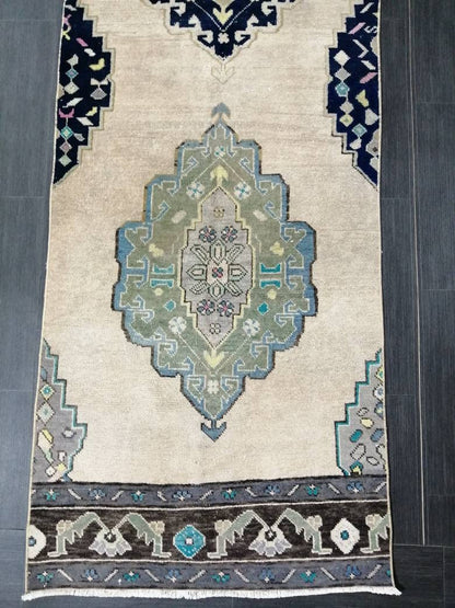 Vintage Runner Rug 2.7 x 10.6 Hallway Runner Rug Muted Kitchen Runner Rug Muted Wool Runner Rug Oushak Runner Rug Turkish Rug Runner