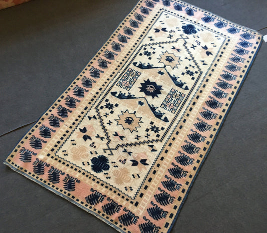 4x6 feet blue turkish living room floor large rug, handmade vintage bohemian rug, wide kitchen area wide rug, bedroom wool rug, bathroom rug