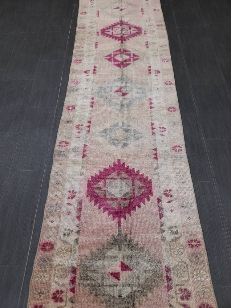 Muted Vintage Runner Rug Vintage Oushak Runner Rug 2.6 x 12.4 Hallway Runner Rug Turkish Kitchen Runner Rug Antique Wool Oriental Runner Rug