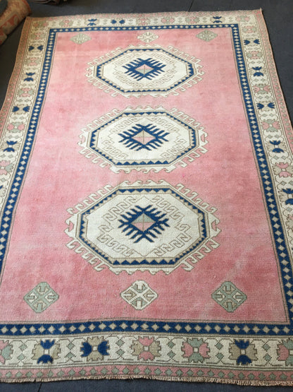 5.4x7.5 feet pink handmade bedroom large rug, wide turkish blue muted color kitchen rug, wool bathroom floor rug, big size living room rugs