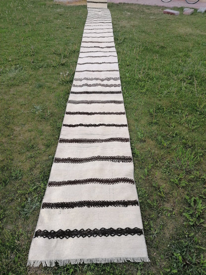 2.6 x 33 Neutral extra long runner rug, flatweave kilim runner, stripe handmade runner rug, turkish woven runner, no dye runner rug