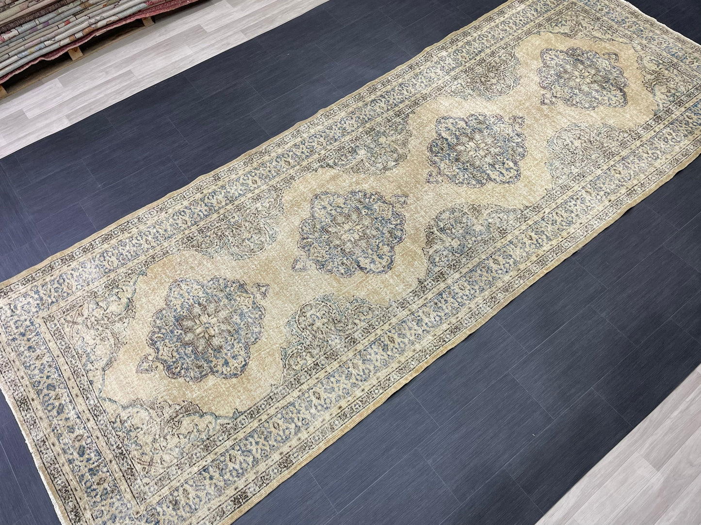 Wool Hand Knotted Rug Vintage 4.8 x 13 Runner Oushak Runner Rug Turkish Runner Rug Vintage Runner Rug Star Kitchen Runner Natural Wool