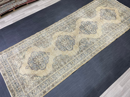 Wool Hand Knotted Rug Vintage 4.8 x 13 Runner Oushak Runner Rug Turkish Runner Rug Vintage Runner Rug Star Kitchen Runner Natural Wool