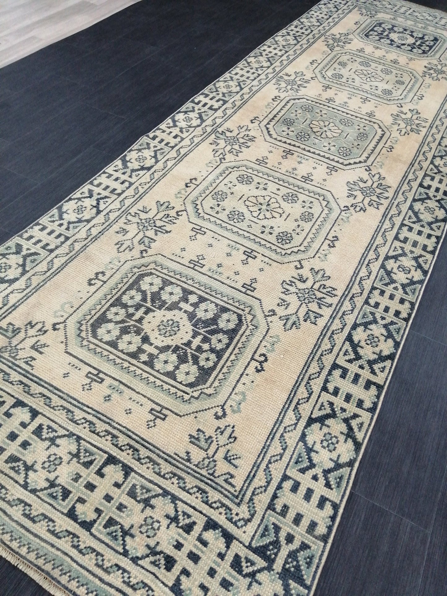 Muted Oushak Runner Rug 11.5 x 3.7 Vintage Turkish Runner Rug Muted Vintage Runner Rug Hallway Runner Rug Kitchen Runner Rug Wool Runner