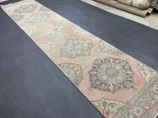 Distressed Runner Rug Muted Turkish Runner 3 x 13.2 Rug  Pink Vintage Runner Rug Hallway Runner Rug Muted Persian Runner Rug Wool Runner