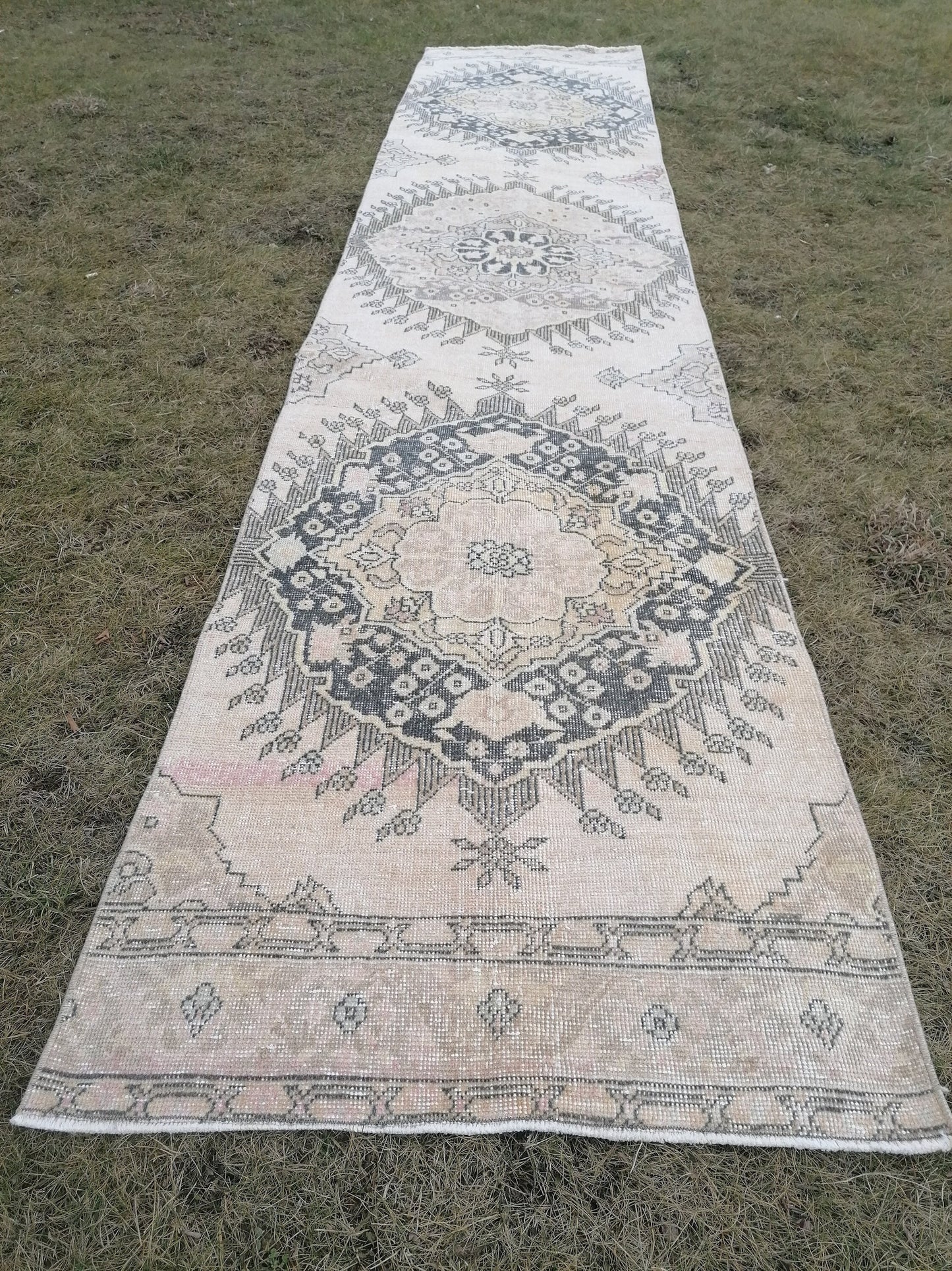 2'9x13 vintage hallway runner rug, neutral oushak runner rug, handmade runner, kitchen runner