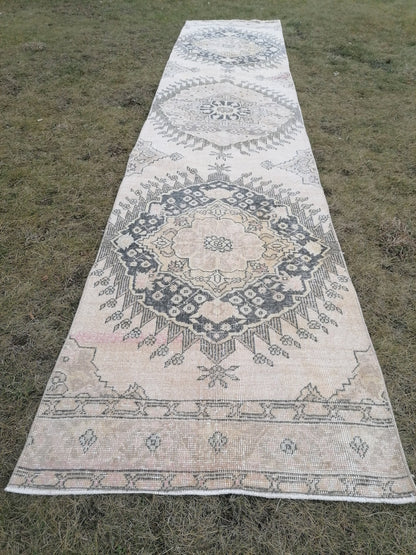 2'9x13 vintage hallway runner rug, neutral oushak runner rug, handmade runner, kitchen runner
