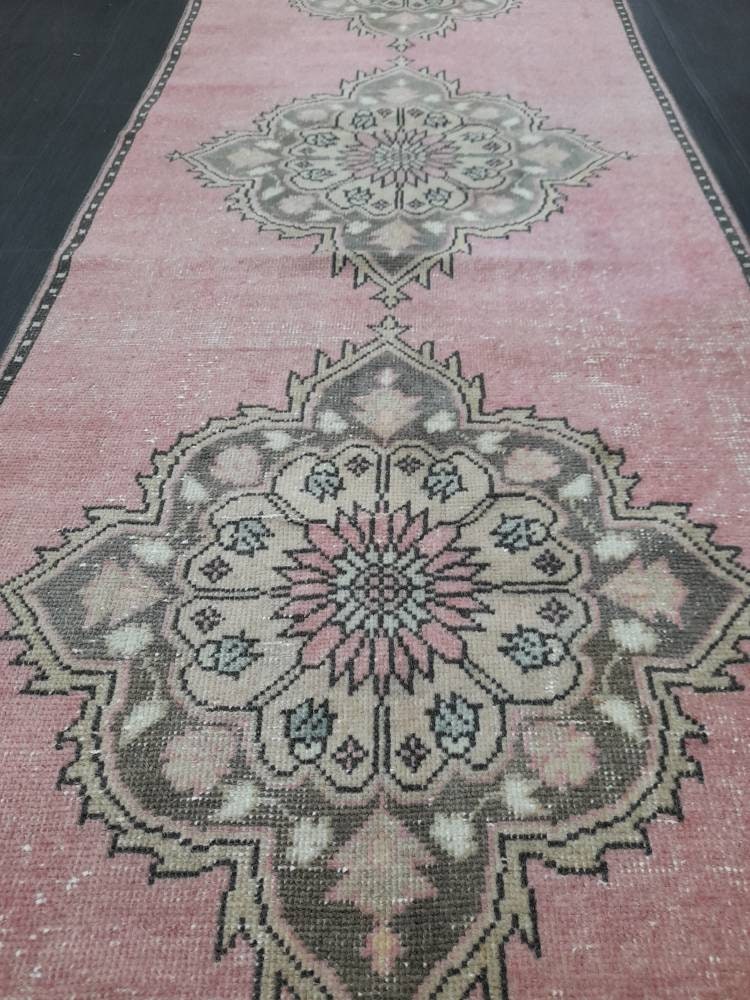 Vintage Runner Rug Muted 3.2 x 11.2 Hand Made Runner Rug Turkish Runner Rug Pink Vintage Runner Rug Hallway Runner Rug Wool Kitchen Runner