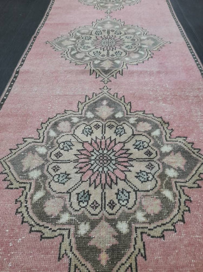 Vintage Runner Rug Muted 3.2 x 11.2 Hand Made Runner Rug Turkish Runner Rug Pink Vintage Runner Rug Hallway Runner Rug Wool Kitchen Runner