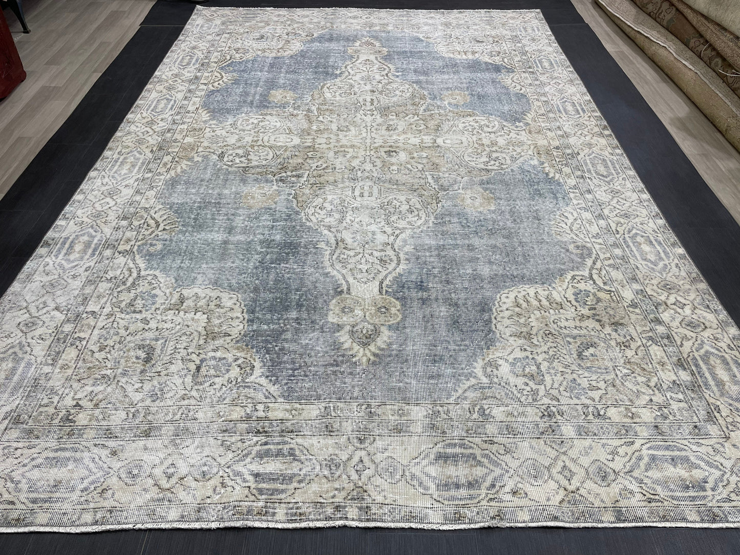Denim Blue TURKISH HAND MADE Rug 7.7 x 11.5 Vintage Distressed Rug Oushak Rug   Traditional Rug Oriental Rug Vintage Floral Rug Wool Rug
