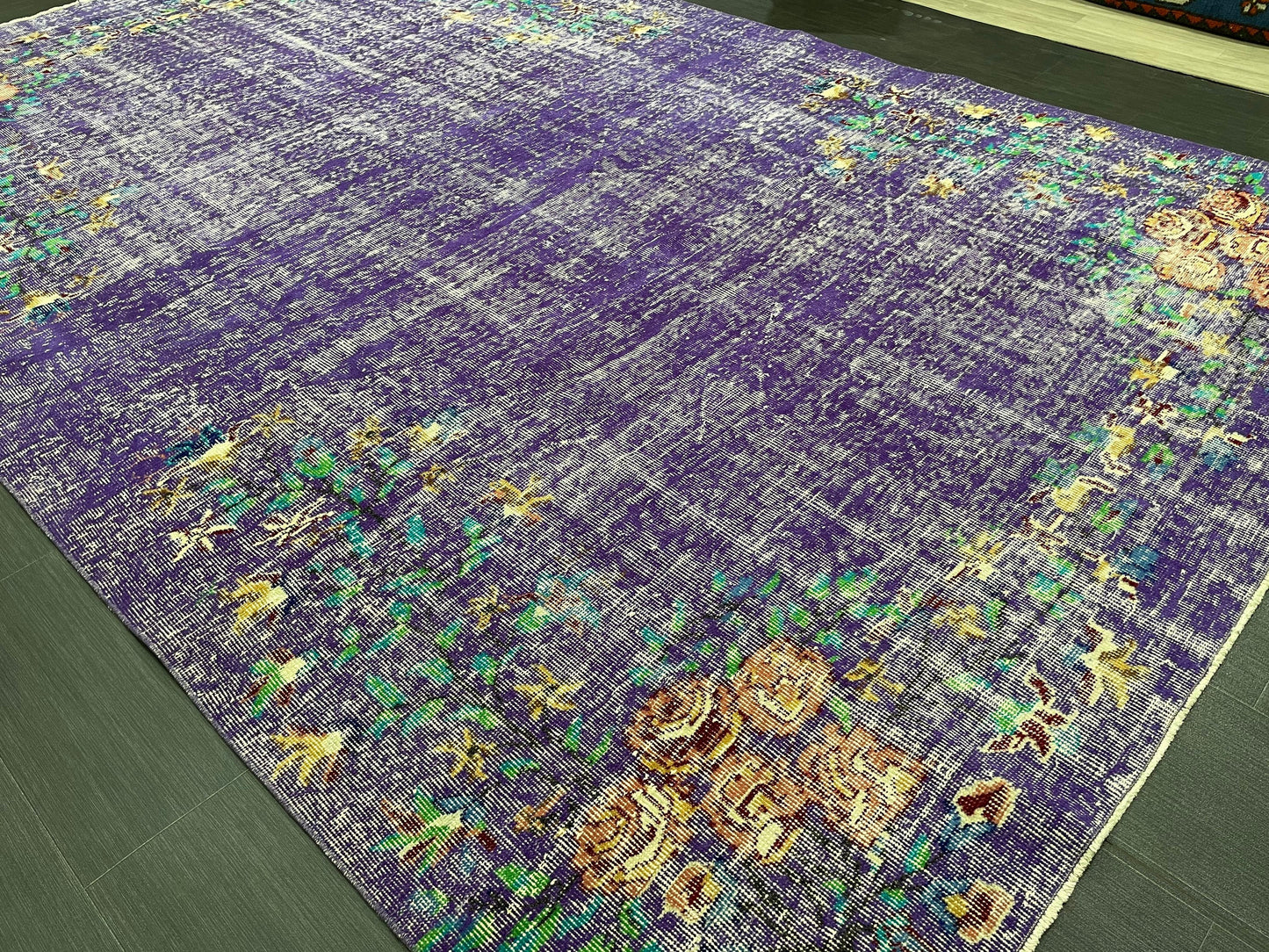 Vintage Rug 7 x 10.8 TURKISH Handmade Rug Violet Purple Vintage Hand Knotted Rug Distressed Persian Rug Oushak Rug, Wool Rug