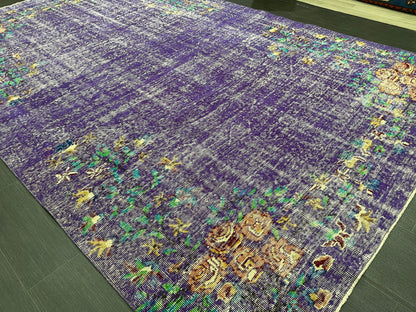 Vintage Rug 7 x 10.8 TURKISH Handmade Rug Violet Purple Vintage Hand Knotted Rug Distressed Persian Rug Oushak Rug, Wool Rug