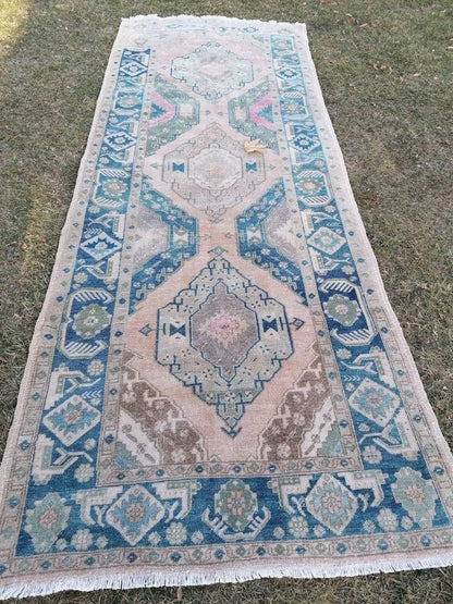 Turkish runner rug 4'7x12'4  blue runner rug,vintage oushak runner rug,kitchen runner rug,hallway runner rug,vintage runner rug