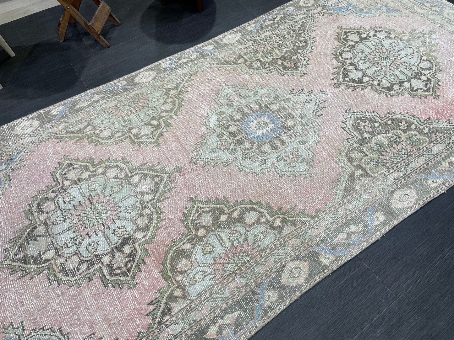 Vintage Runner Rug 4.3 x 9 Persian Runner Rug Wool Oushak Rug Oushak Runner Rug Turkish Runner Pink Kitchen Runner Distressed Hallway Runner