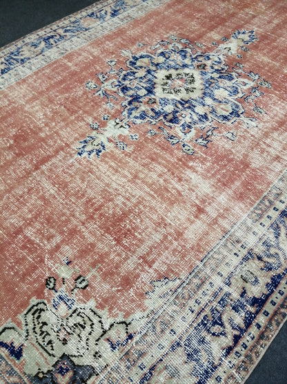 6.2 x 9.8 Large Area OUSHAK RUG TURKISH Oushak Rug Vintage Blue Orange Rug Distressed Wool Oriental Rug Hand Made Rugs Vintage Turkish Rug