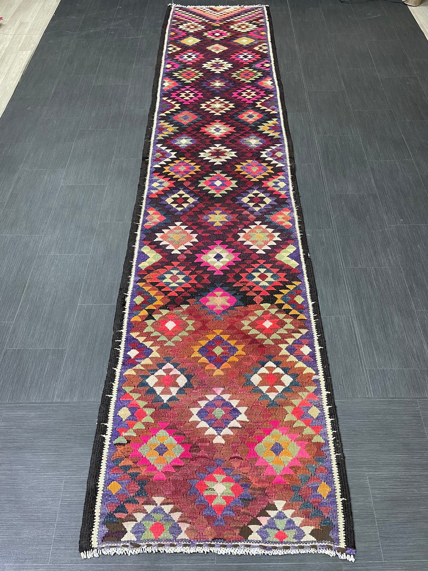 Vintage Runner rug 2.8 x 12.6 Handmade Flat woven Runner Kilim Runner Rug Turkish Runner Vintage Flat weave Rug Wool Carpet Rug