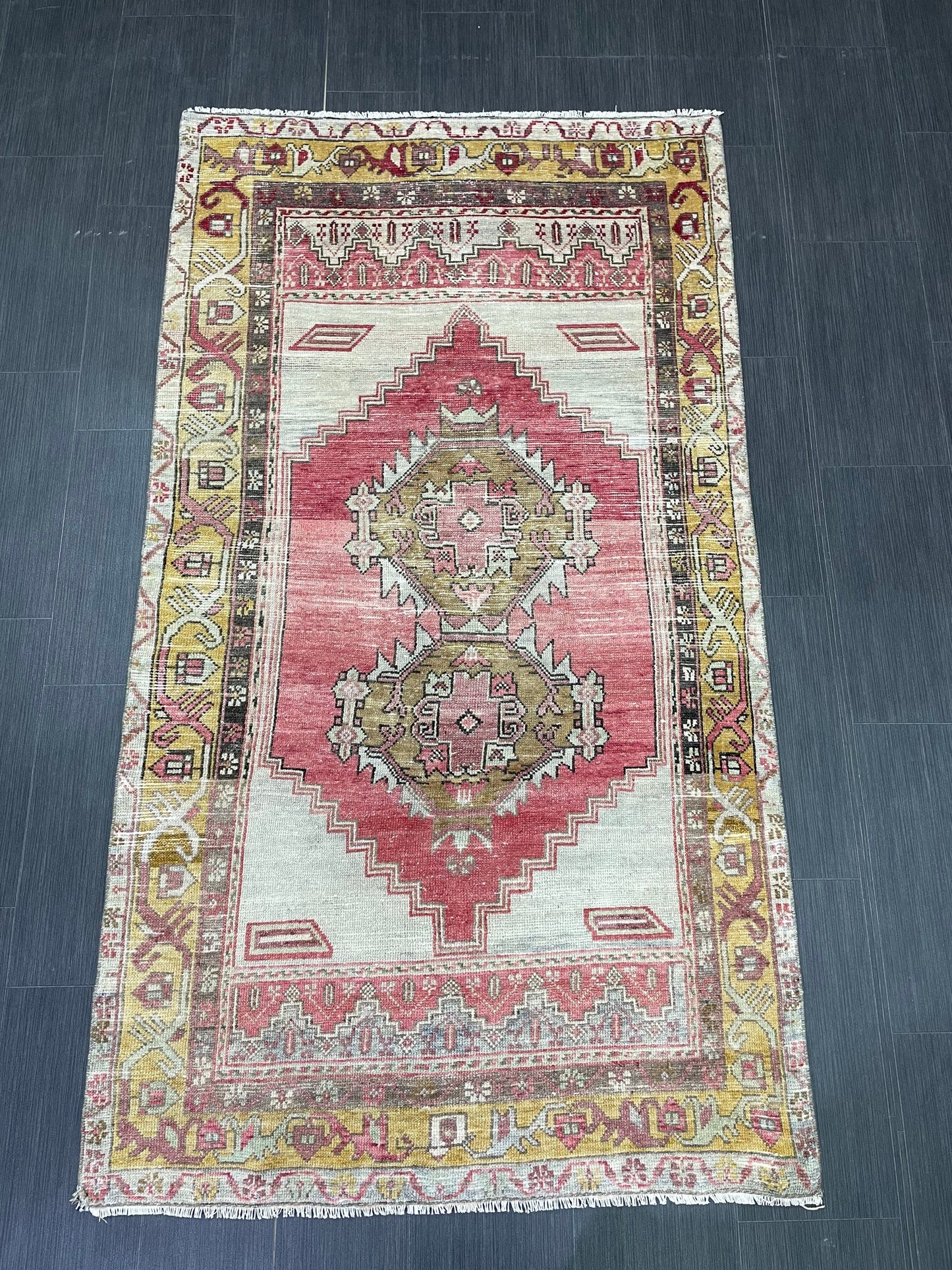 Vintage TURKISH Rug 3.7 x 6.7 Muted Rug Vintage Oushak Wool On Wool Rug Vintage Runner Rug Wool Rug Hand Made Rugs Vintage Turkish Rug