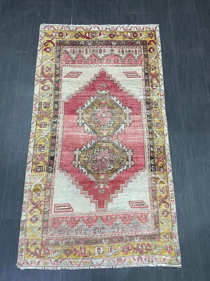 Vintage TURKISH Rug 3.7 x 6.7 Muted Rug Vintage Oushak Wool On Wool Rug Vintage Runner Rug Wool Rug Hand Made Rugs Vintage Turkish Rug