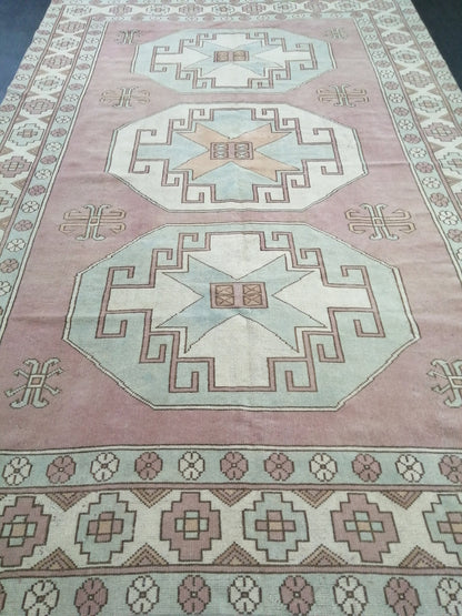 Muted OUSHAK RUG 9.7 x 6.4  Muted Vintage Rug Vintage Rug Dusty Rose And Ice Blue Wool Oushak Rug Hand Made Rugs Vintage Turkish Rug