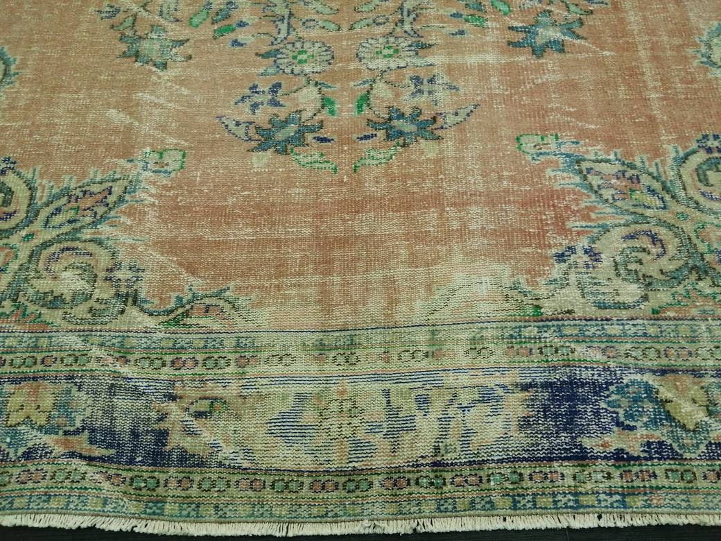 12 x 8 Turkish Rug, Oushak Rug, Muted Wool Rug, 8x12 Large Oushak Rugs,Rusty pink and Blue Orange Rug, Vintage Rug, Muted Hand Made Rug
