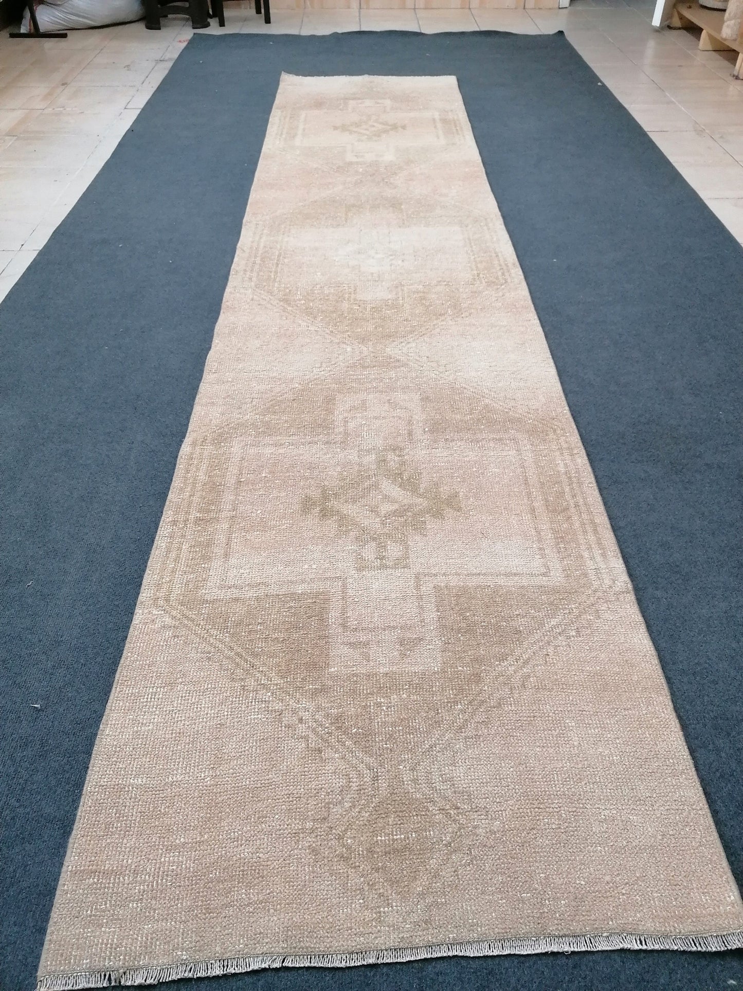 Fade oushak runner rug, 11'8x2'8 muted vintage runner rug, turkish runner rug, hallway runner rug, kitchen runner rug, pastel hand made rug