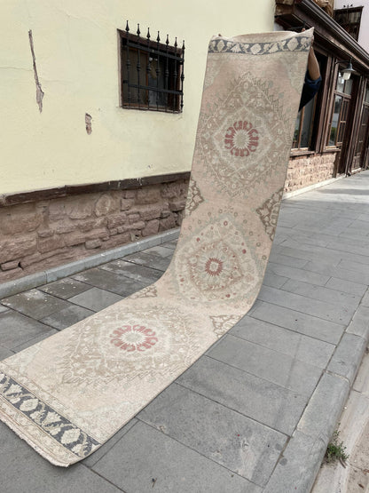 Muted Vintage Runner Rug, Turkish Runner 2.8 x 12.5 Rug, Handmade Runner Hallway Runner Soft Pink Kitchen Runner Rug Wool Runner Oushak Rug