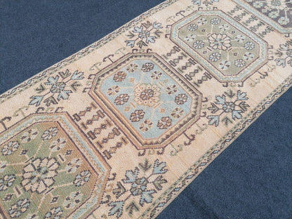 3x11 mute soft oushak turkish runner rug, vintage turkish runner rug, pastel handmade kitchen runner rug, bathroom rug, entryway runner rug