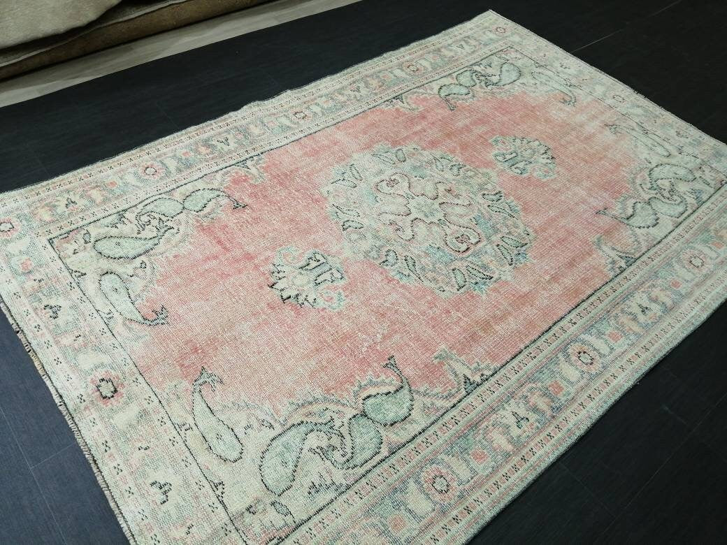 Vintage Hand Made Rug, 5.8 x 8.7 Large Oushak Rug, Pink Rustic Rug, Distressed ORIENTAL Rug, Distressed Turkish Rug, Vintage Persian rug