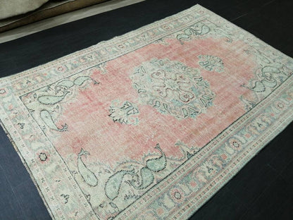 Vintage Hand Made Rug, 5.8 x 8.7 Large Oushak Rug, Pink Rustic Rug, Distressed ORIENTAL Rug, Distressed Turkish Rug, Vintage Persian rug