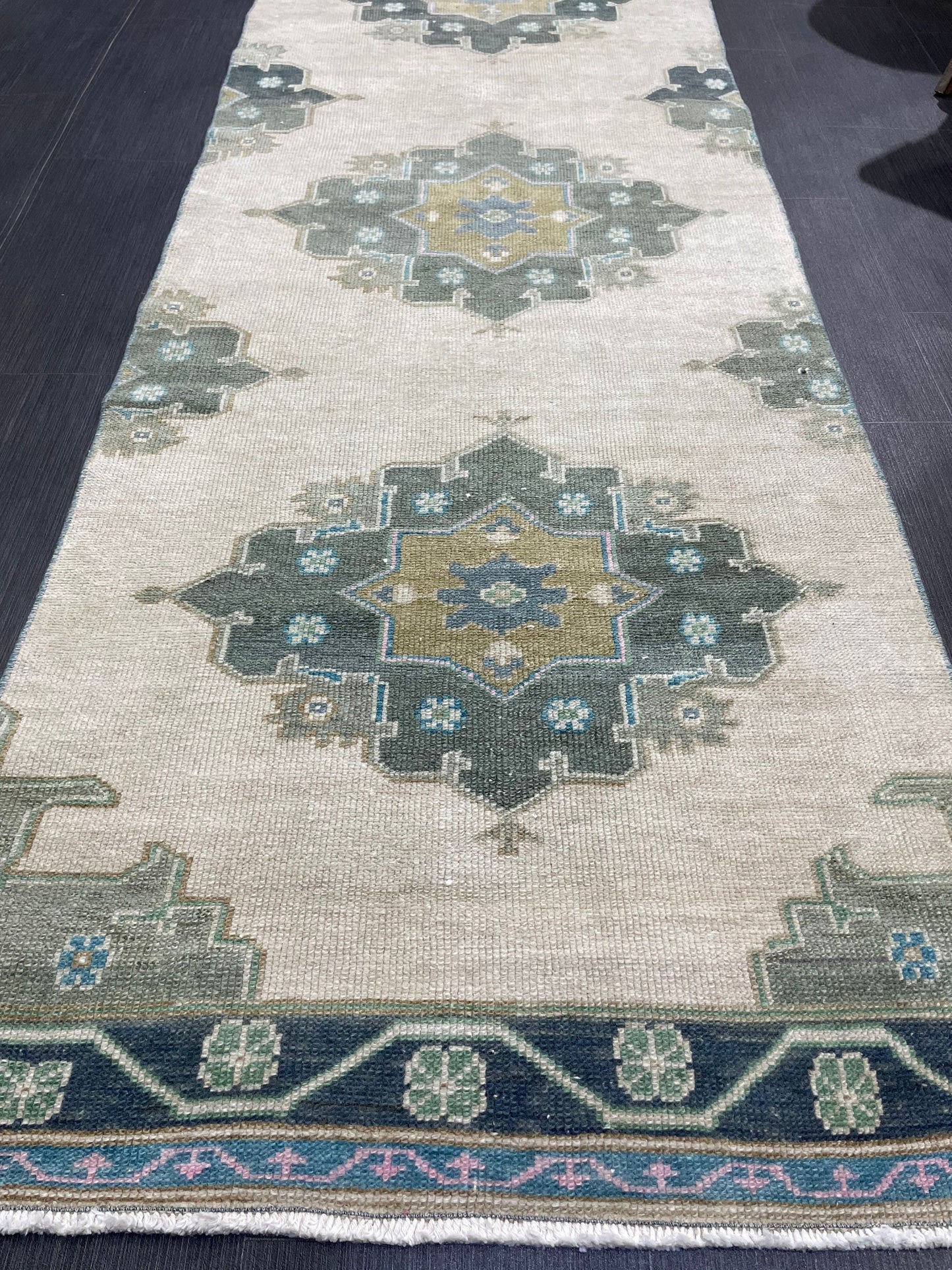 Muted Handmade Runner Rug Turkish Runner 2.7 x 11 Rug Vintage Runner Rug Hallway Runner Rug Kitchen Runner Rug Green Hand Knotted Runner