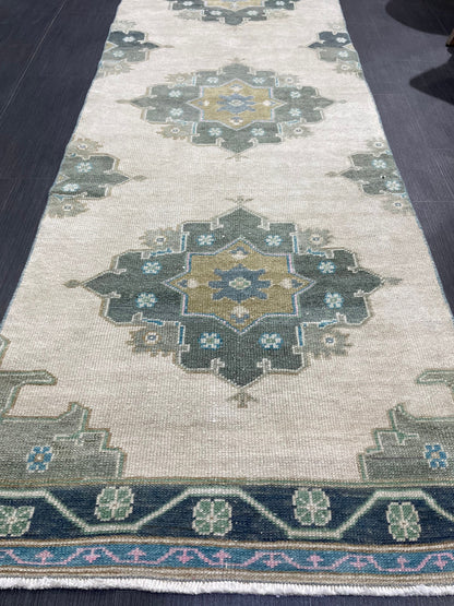 Muted Handmade Runner Rug Turkish Runner 2.7 x 11 Rug Vintage Runner Rug Hallway Runner Rug Kitchen Runner Rug Green Hand Knotted Runner