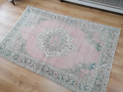 Muted oushak turkish rug 4'2x6'4 pastel vintage rug, handmade wool rug