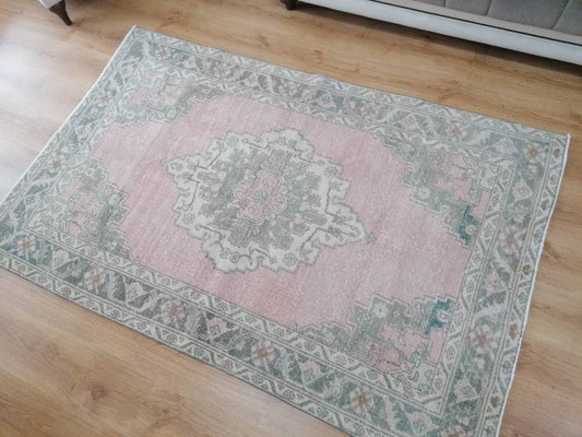 Muted oushak turkish rug 4'2x6'4 pastel vintage rug, handmade wool rug