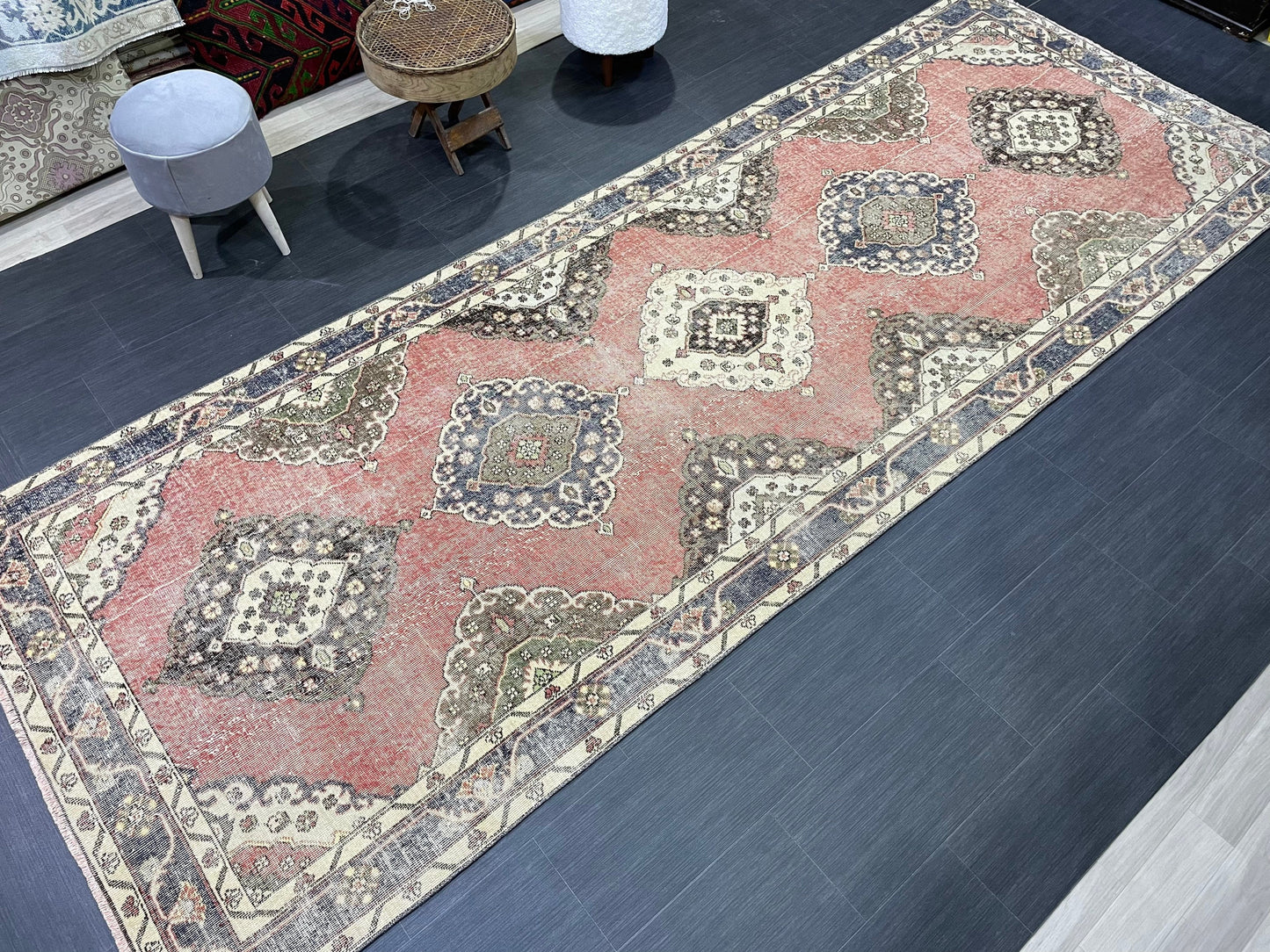 Wool Hand Knotted Runner Rug, Turkish 4.6 x 12.4 Runner Rug, Vintage Runner Rug, Hallway Runner Rug Kitchen Runner Rug, Oushak  Runner Rug