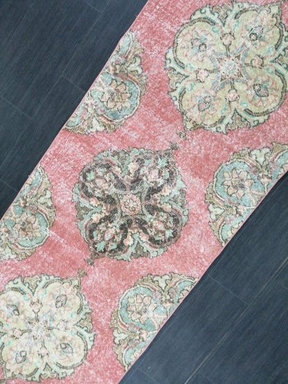 Pink Vintage Runner Rug 12.9 x 2.6 Oushak Runner Hallway Runner Rug Kitchen Runner Rug Wool Runner Rug Wool Oushak Rug