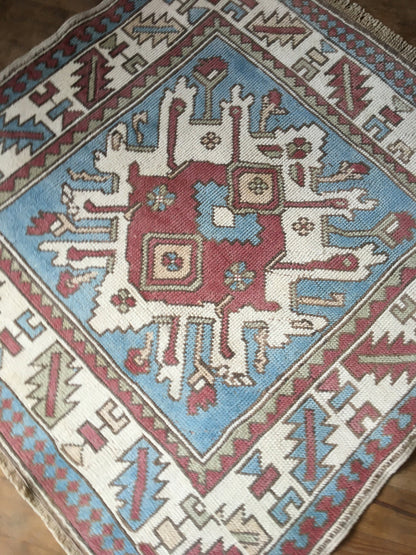 3.5x3.5 square handmade turkish rug, wool vintage blue chair rugs, entryway mini wide rug, bohemian oriental anatolian rug, kitchen cushion