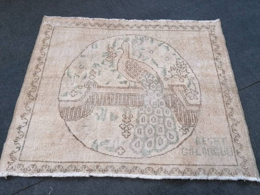 Hand made wool art peacock pilo, handcraf bird rug,vintage rug 3'3x4 feet